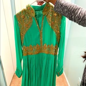 Indian suit in bright green - anarkali gown style